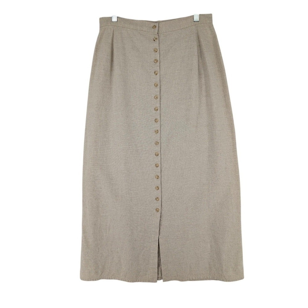 Vintage Paul Harris Linen Midi Skirt 10 Beige Button Front Minimalist Chic